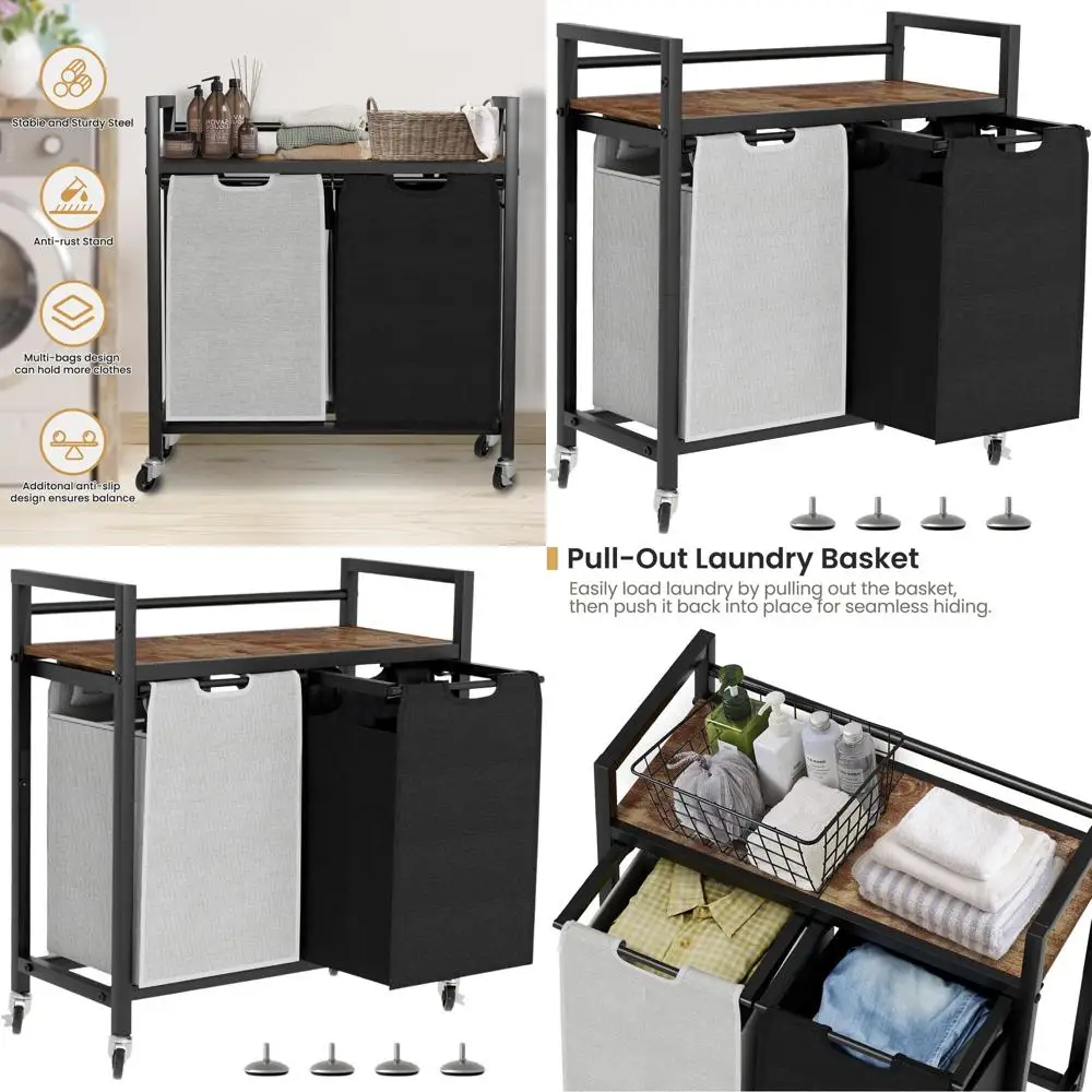 

Сортировщик для белья на 2 пакетика с колесами и полкой, черно-серая корзина для домашнего использования