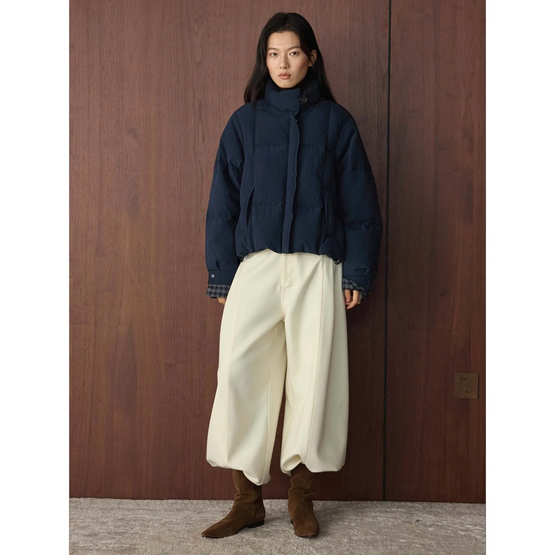 Winter Plaid Color-block Short Down Jacket Warm Coat For Women