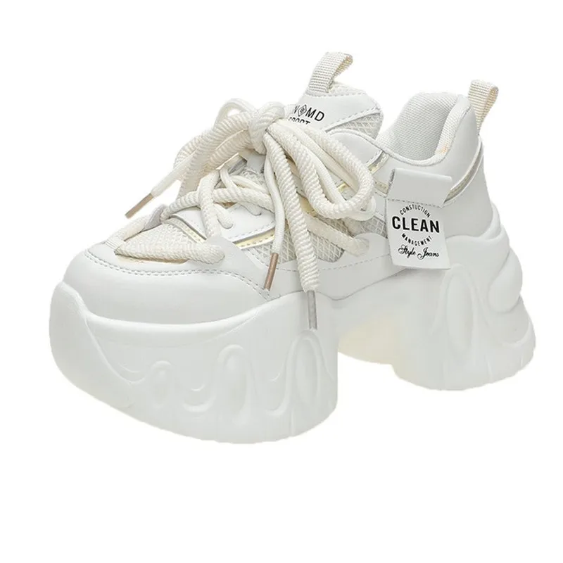 8 سنتيمتر جديد إمرأة ربيع الخريف شبكة أحذية رياضية مكتنزة سميكة القاع أحذية من الجلد منصة عالية فلكنيز أحذية رياضية غير رسمية أبي حذاء