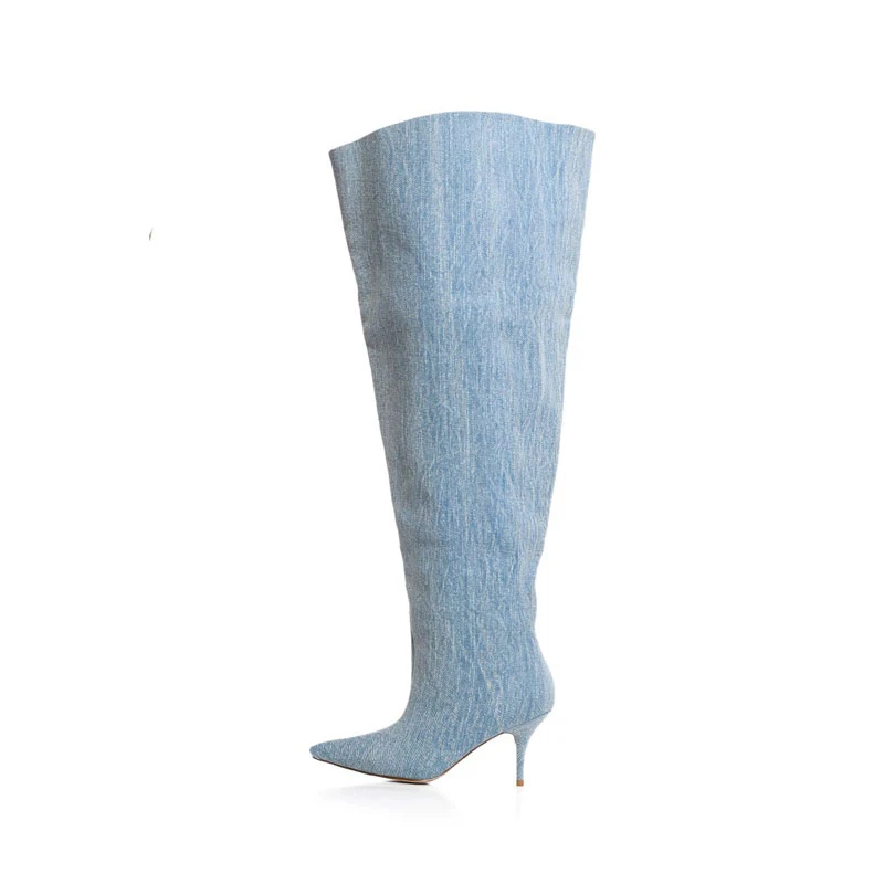 Arden Furtado Metal leather Thin heels Knee high boots wide calf blue pointed Toe high heel thigh high cowboy boots for women