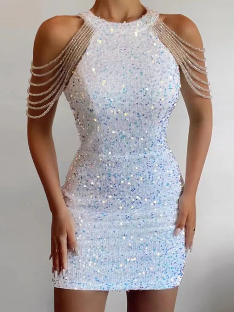 

2025 Summer Women Evening Dress Sequined Bandage Short Dresses Female Elegant New Sexy Fashion Bling Club Party Vestidos Ladies