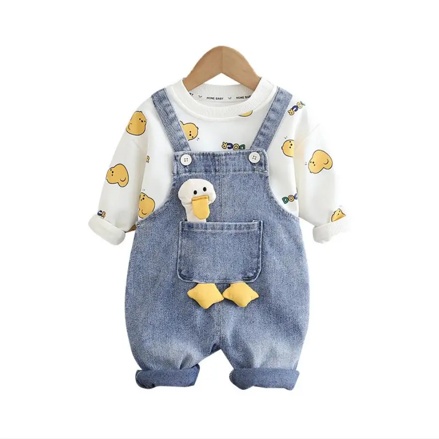 Completi firmati per neonato vestiti per bambini primavera autunno Cartoon Duck t-shirt a maniche lunghe + salopette in Denim set di tute per bambini