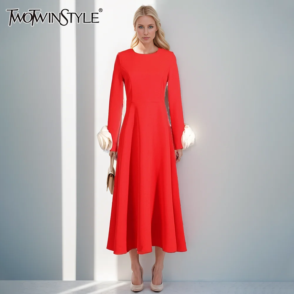 TWOTWINSTYLE Patchwork Appliques Elegant Dress For Women Round Neck Long Sleeve High Waist Temperament Dresses Female Fashion