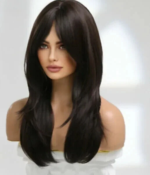 Human Hair! New Women's Long Dark Brown Straight Full Capless Wigs 24 Inch