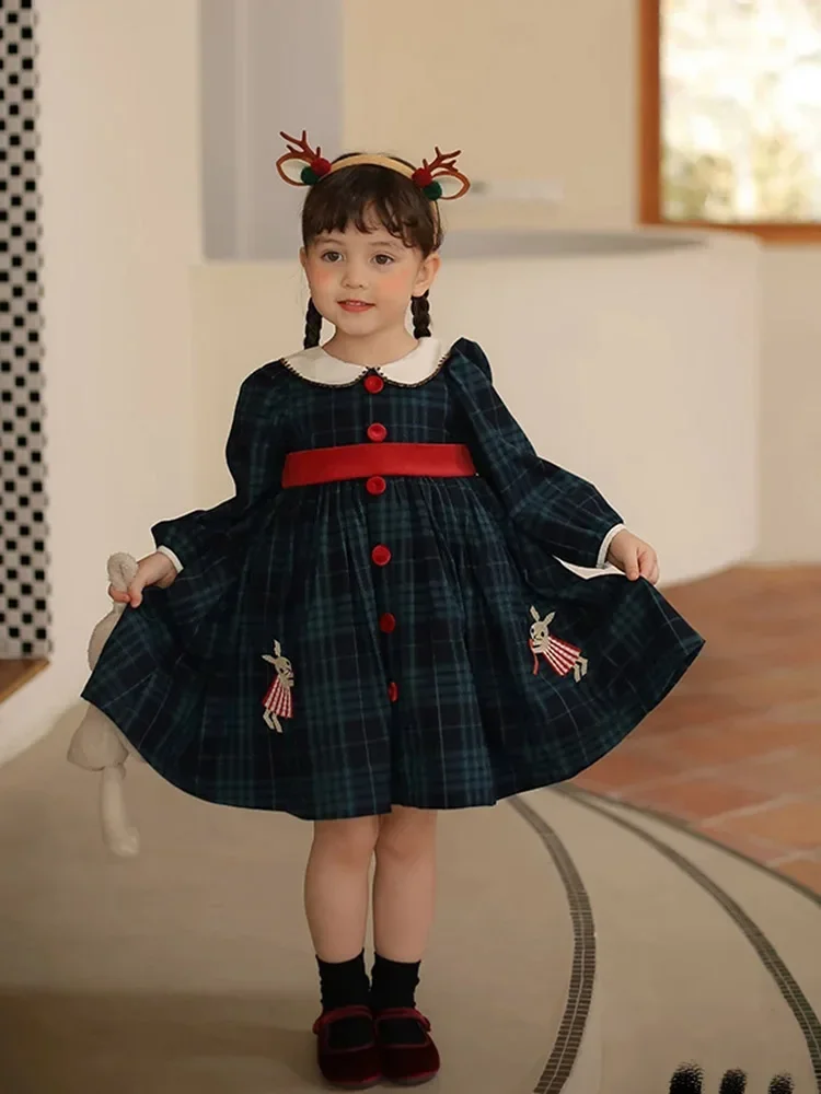 2023 New Girls Dresses for Eid Kids Autumn Fall Plaid Carton Bunny Rabbit Embroidery Ball Gowns Toddlers Lolita Dress Christmas