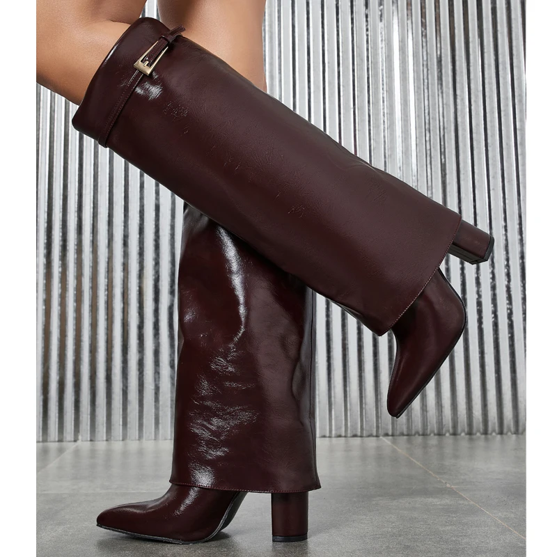 Eilyken Street Style Square High Heels Banquet Women Knee-High Boots Elegant Splicing Belt Buckle Pointed Toe Shoes