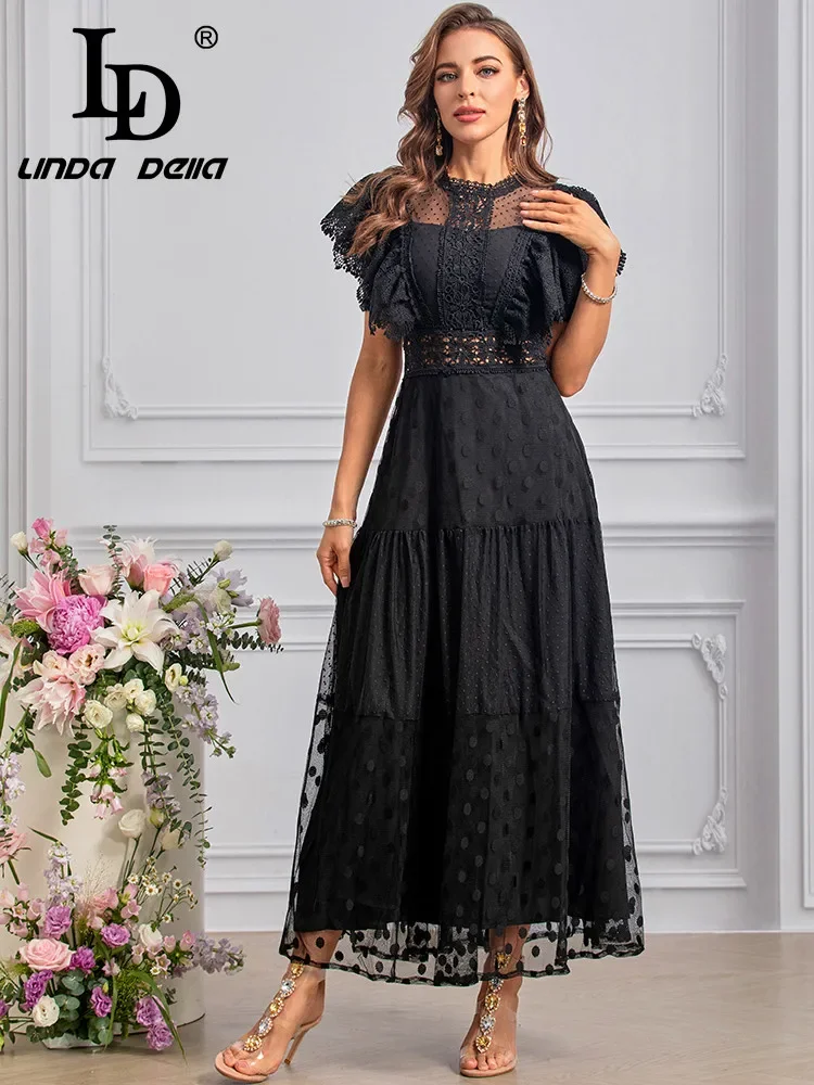 LD LINDA DELLA Fashion Designer Summer Dresses Women\'s Vintage Polka Dot Print Embroidery Lace Hollow Out Net Yarn Dresses