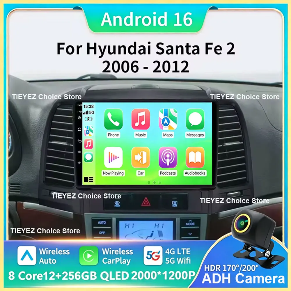 Android 16 For Hyundai Santa Fe 2 2006-2012 Auto Car Radio Wireless Carplay Multimedia Player IPS LED  2 DIN 5G Wifi