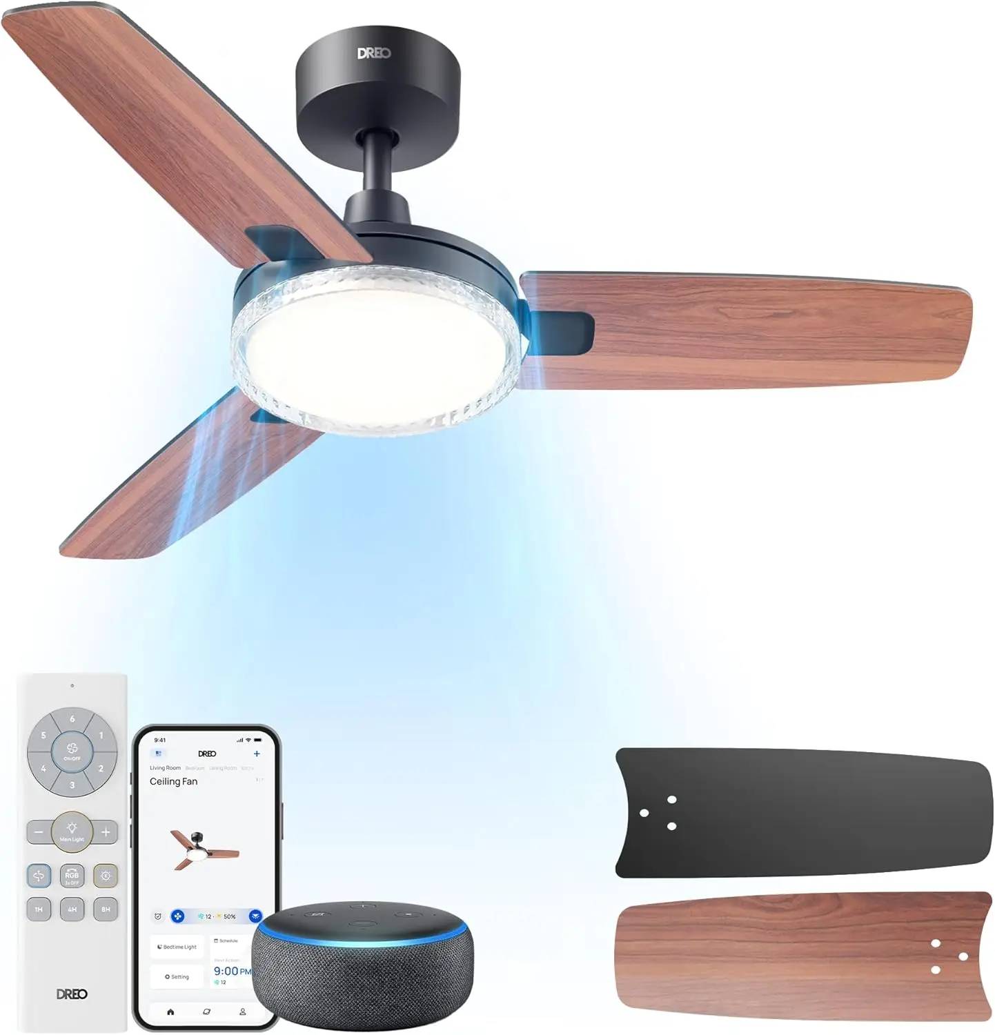 

Smart Ceiling Fans with Lights, 42 Inch Black Ceiling Fan, 12 Speeds & 3 Fan Modes, Stepless Color Tones, Dimmable LED Light, 1-