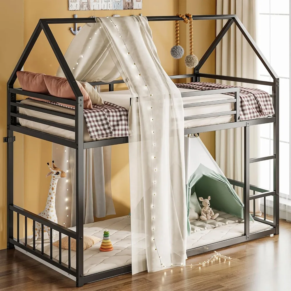 Bunk Bed Twin Over Twin, House Bunk Bed Frame with Ladder and Guardrail, House Shaped with Metal Slats for Dormitory