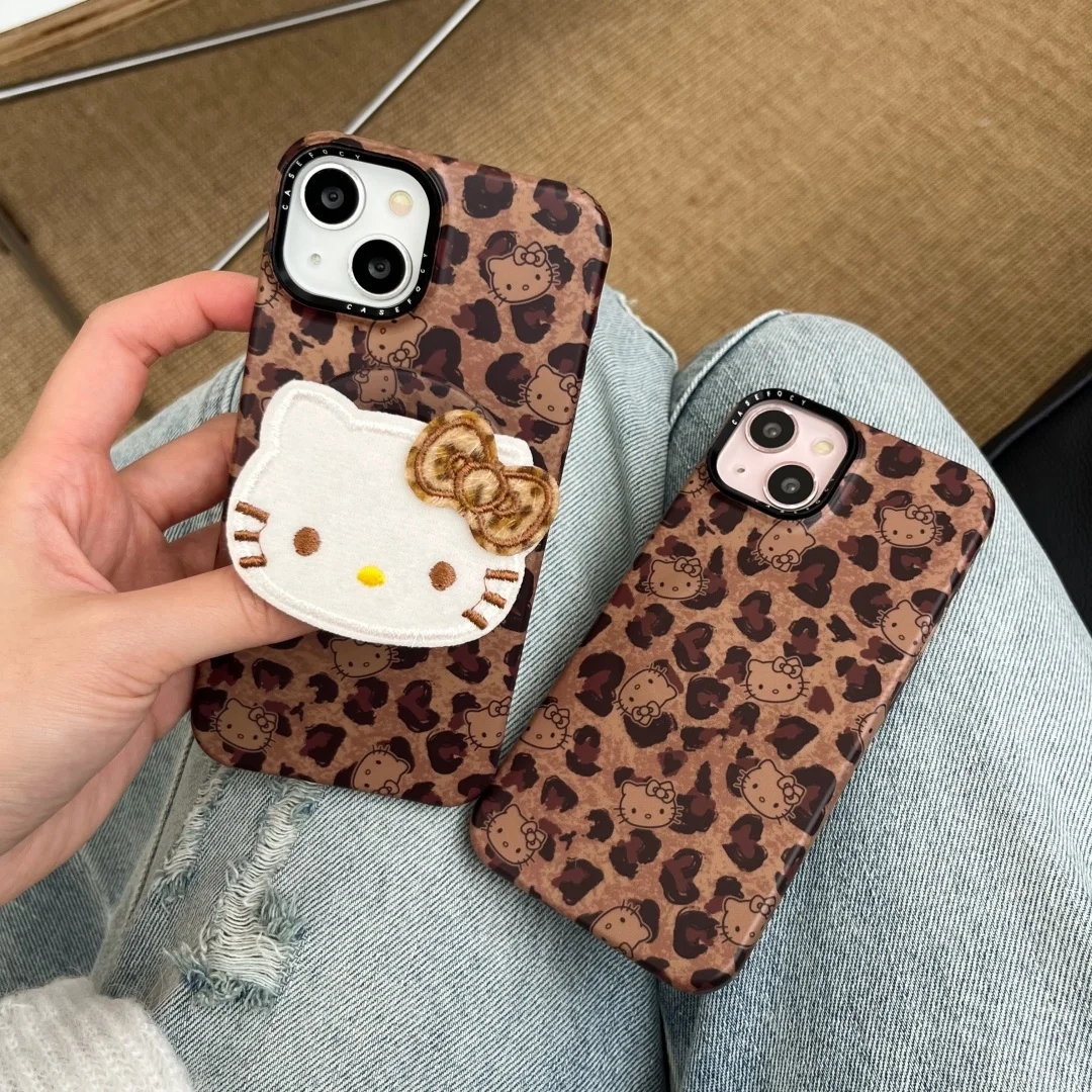 

Luxury leopard print Mobile phone Cute Cartoon Hello Kitty Cat KT stand Phone Case For iPhone 13 14 15 16 Pro Max back Cover﻿