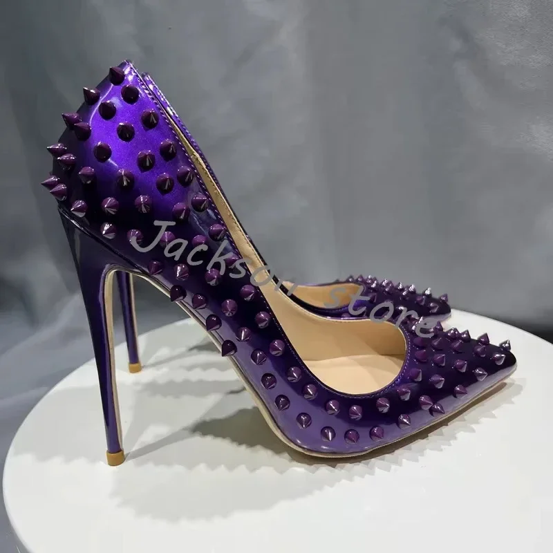 Purple Glossy Pointed Toe Rivets Sexy Women Pumps Party Stiletto High Heel Dress Shoes Slip On Catwalk Female Shoes Custom Color