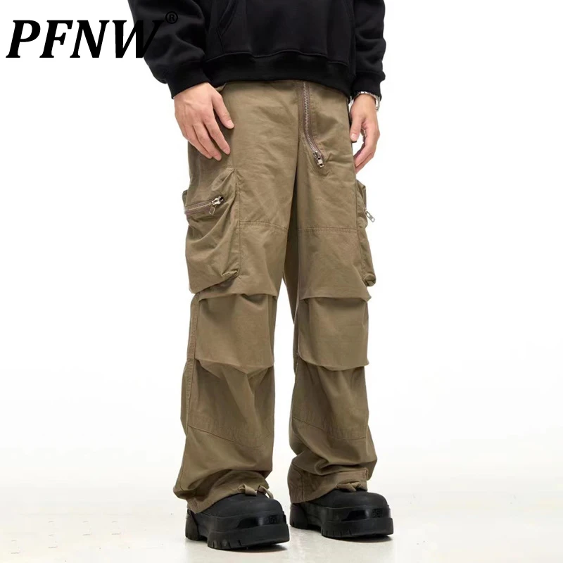 

PFNW Diagonal Zipper Pleated Design Cargo Pants Male American High Street Multi Pocket Men Trousers Autumn Fashion New 28W4154