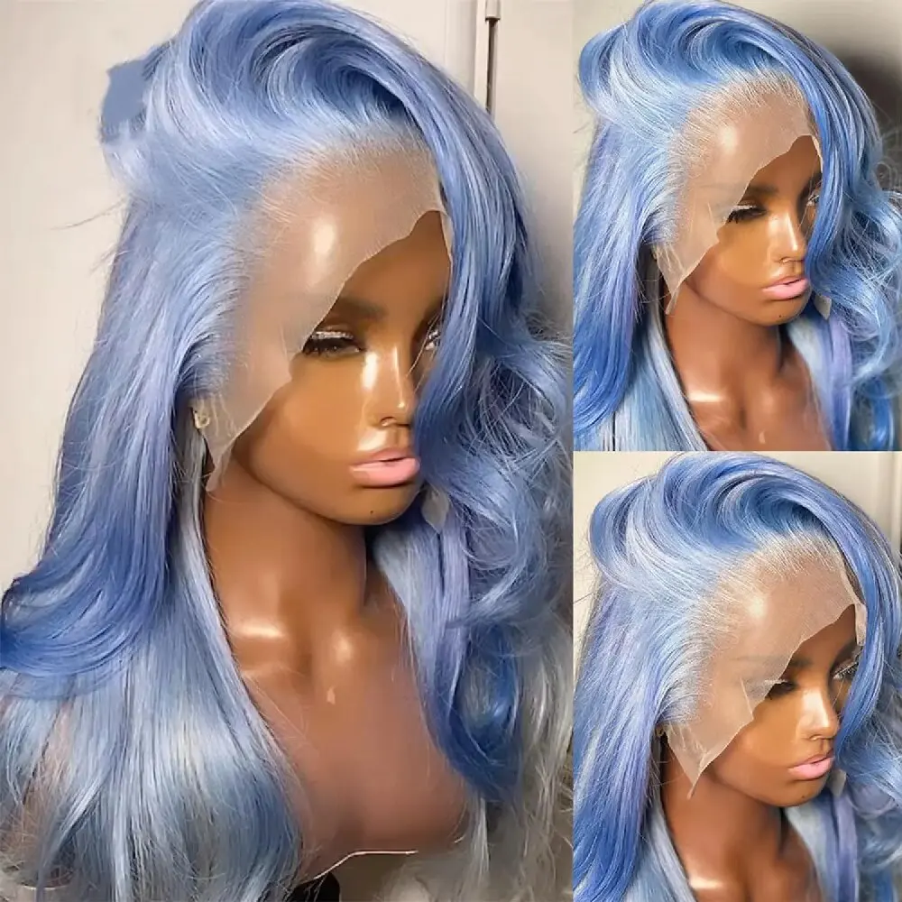 Long Body Wave Haze Blue Fluffy High Density Real Wigs 13x4 Front Lace Transparent Breathable Wigs Brazilian Virgin Real Wigs