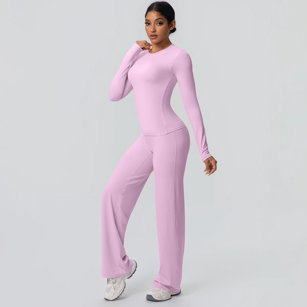 Conjunto de Yoga y gimnasio para mujer, camisas ajustadas de manga larga para correr, Top de entrenamiento de secado rápido, pantalones de pierna ancha de estiramiento alto, conjunto de Yoga fino, 2 piezas