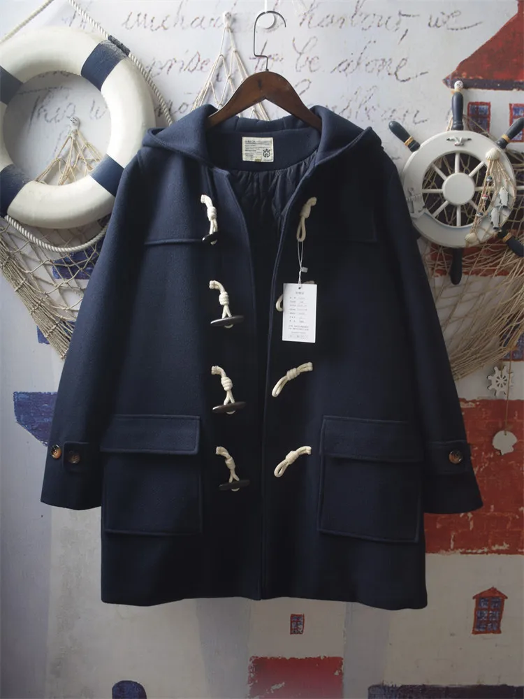 [En Stock] Abrigo de Mujer de Alta Calidad, 100% Algodón, Chaqueta con Bolsillos Grandes, Estilo Informal, Hebilla de Cuerno, Abrigo de Lana