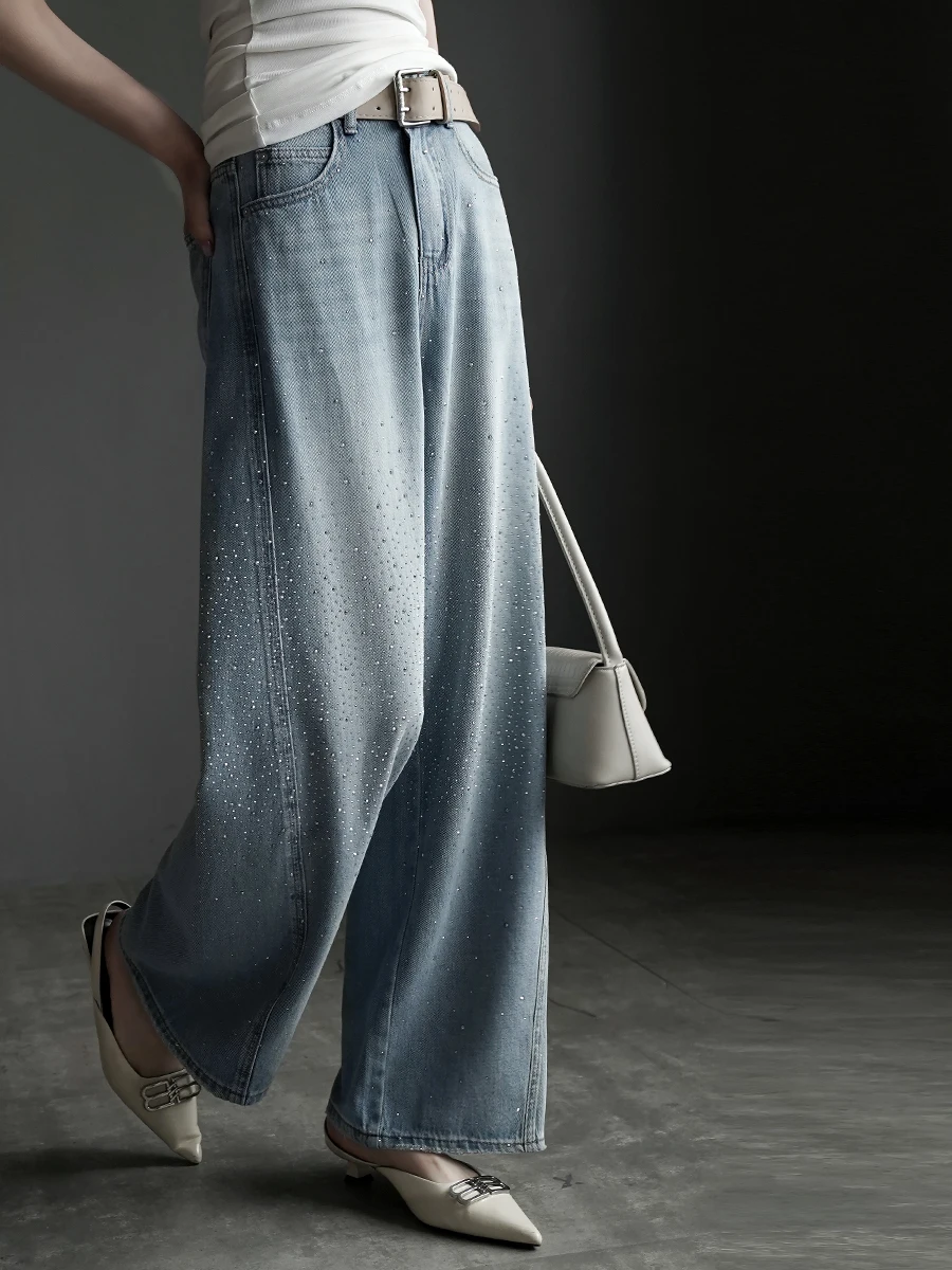 

Warmo Women's Soft Wide Leg Jeans Sequin Embellished Straight Cut Casual Long Trousers Spring Fashion plus Size Slimming