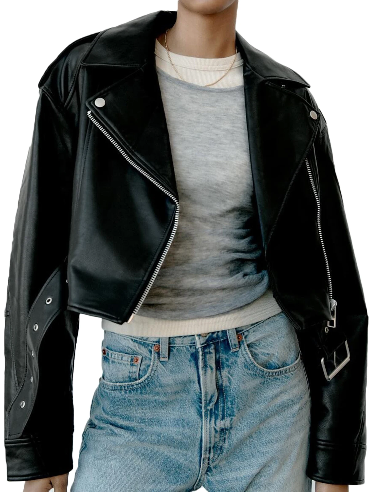 2024 Women Faux PU Leather Jacket Casual Lady Lapel Zipper Short Leather Jacket High Street Motorcycle Coat