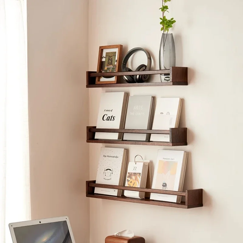 Wall shelf Wall-mounted solid wood bedroom magazine rack Bedside shelf Living room Kitchen storage bookshelf