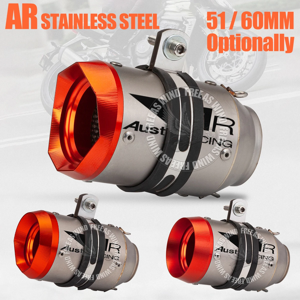 

Stainless Steel AR austinracing Exhaust Muffler For GP1 Motocycle Exhaust Tail Pipe Modified Upgrade 51mm 60mm Inlet Universal