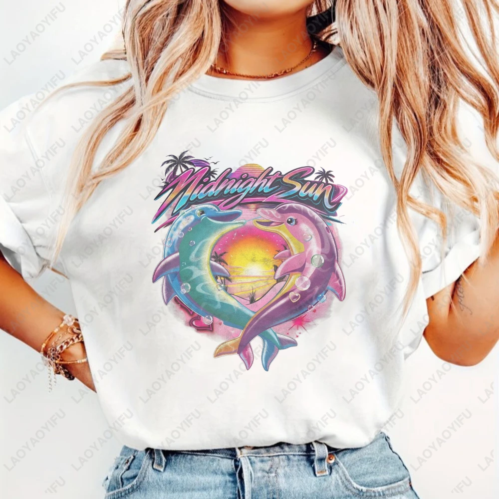 Midnight Sun Dolphin Cotton T-Shirt For Women Retro Y2K Rainbow Dolphins Graphic TeeCotton Tropical Sunset Palm Tree Accent