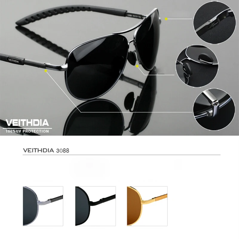 VEITHDIA, recién llegado, gafas de sol de moda, gafas de sol clásicas de diseñador piloto polarizadas UV400, gafas deportivas para exteriores para hombre FA30880