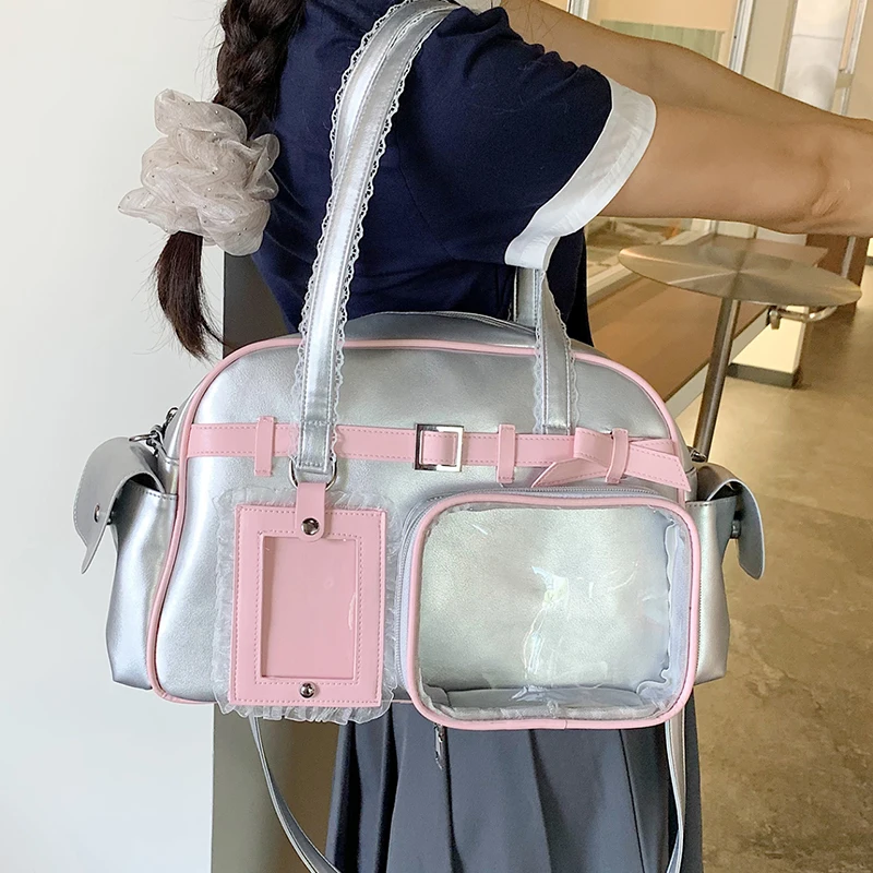 Cute Sweet Bow Colorful Ita Bag Large Capacity Clear Window Shoulder Bag Jk Girl Faashion Handbag Large-capacity Commuter Bag