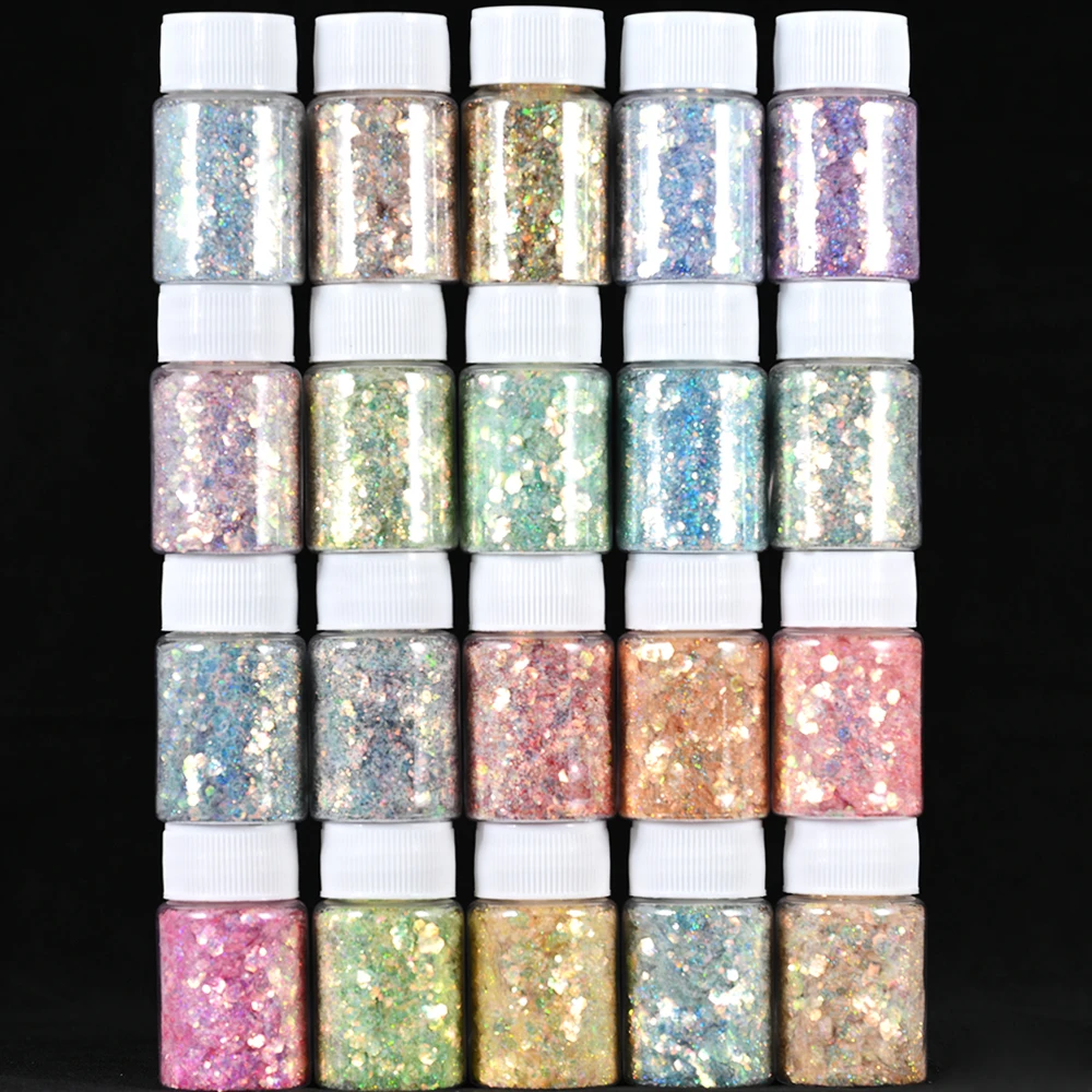 10g/Box 20Colors Gradient Mermaid Flake Nail Glitter Hexagon Holo Sequins Powder 3D Manicure Nail Art Paillettes Decoration Tips