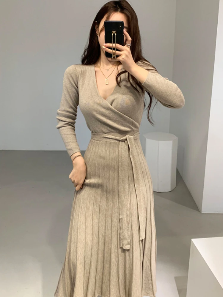 Stretchy Women Knitted Bodycon Pencil Dress New 2022 Autumn Winter Solid Vestidos Long Sleeve V Neck Slim Lady Chic Korean Dress