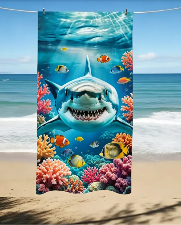 2D Great White Shark Print Beach Towel, Microfiber Large Sand Free Quick Dry, Realistic Ocean Animal Design, Soft Absorbent