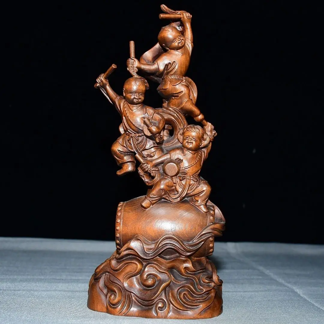 Hand Carved Wood Happy boy and girl Statue Figurine Desktop Ornaments Home Decoration