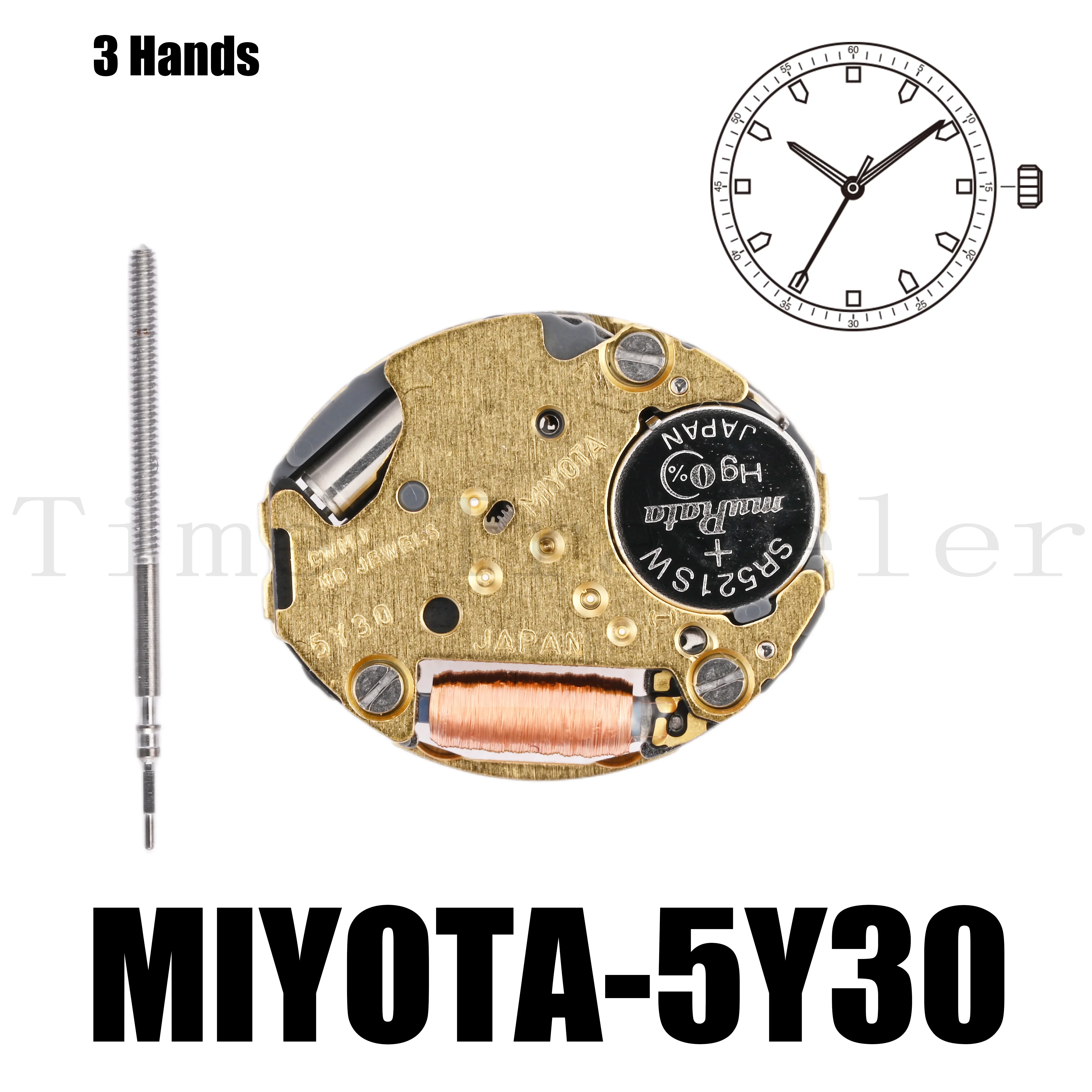 Movimiento 5y30 Miyota 5Y30, tamaño 5, 1/2 × 6, 3/4 pulgadas, altura 2,54mm, 3 manos, movimiento pequeño, perfecto para diseños más pequeños