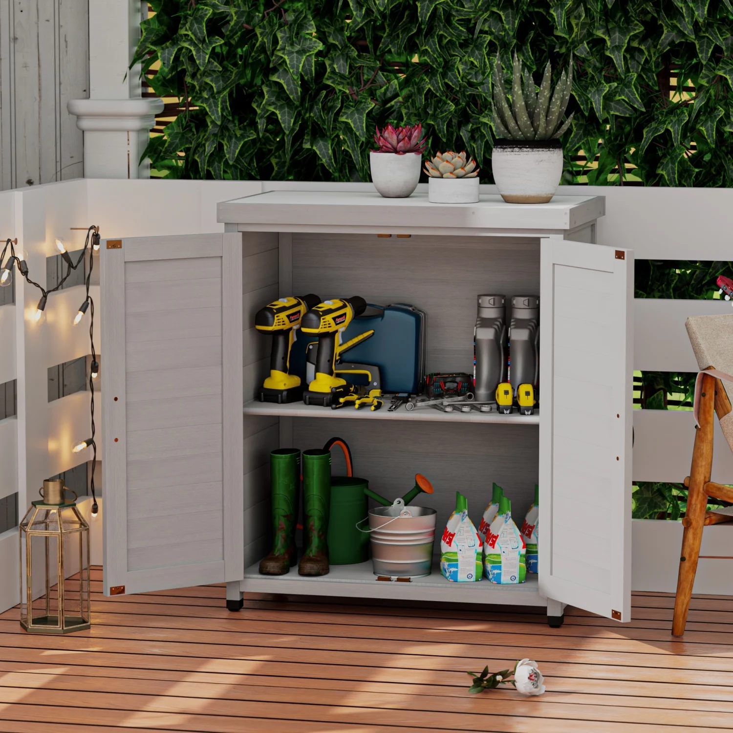 Potting Bench with Storage Cabinet and Metal Table Top for Outdoor Patio,Outdoor Work Station Table