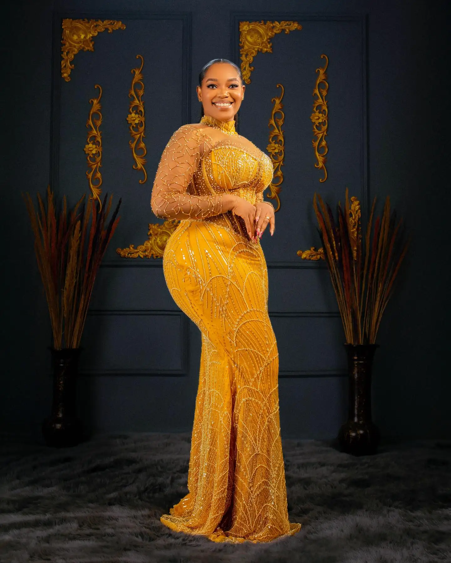 Luxury Beading Mermaid African Prom Dresses Plus Size Black Women Beads Lace Evening Formal Dress Asoebi Gold Yellow Party Dress