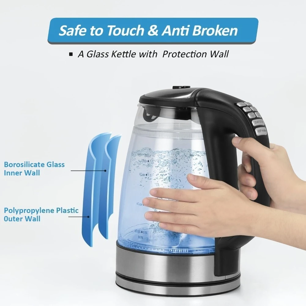 

Electric Kettle 1500W Fast Boil 1.7L Glass with Temperature Control 6 Presets Double Wall Cool Touch Keep Warm 4H BPA