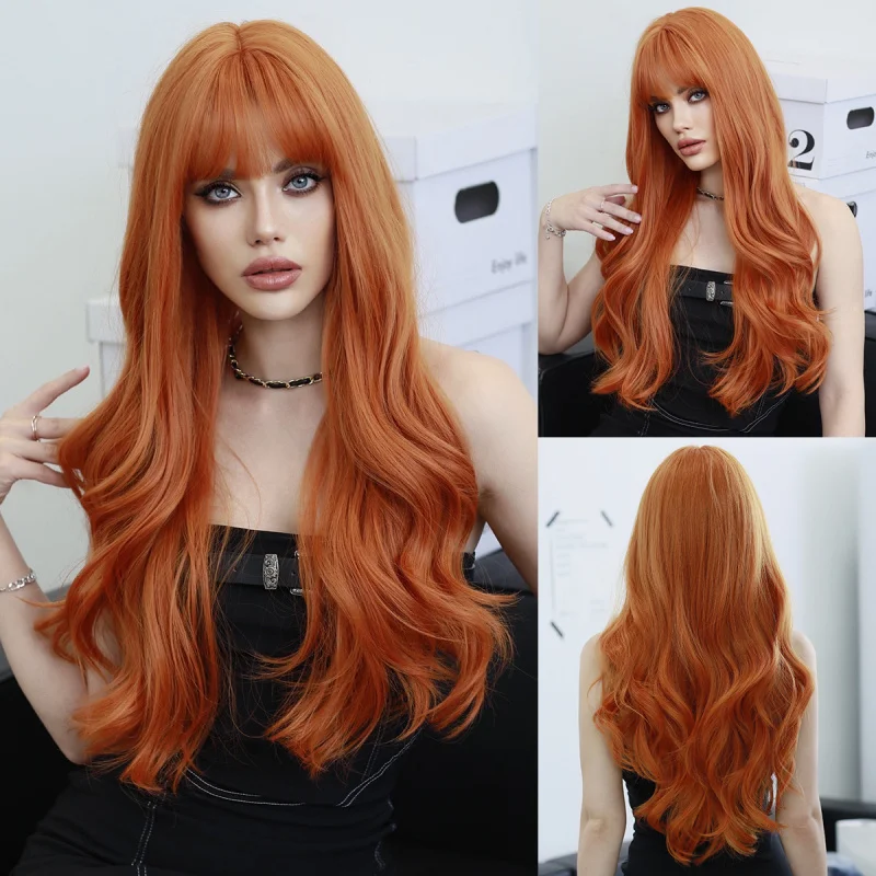 European and American Ginger-Colored Women's Wavy Long Curly Hair Wig with Air Bangs for Christmas Dress-Up