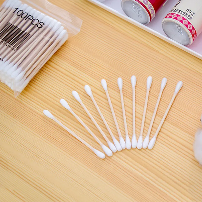 300PCS Nose Ear Clean Stick Eyelash Extend Glue Remove Double Head Lint Free Wood Cotton Buds Swabs Disposable Cotton Swab Tool