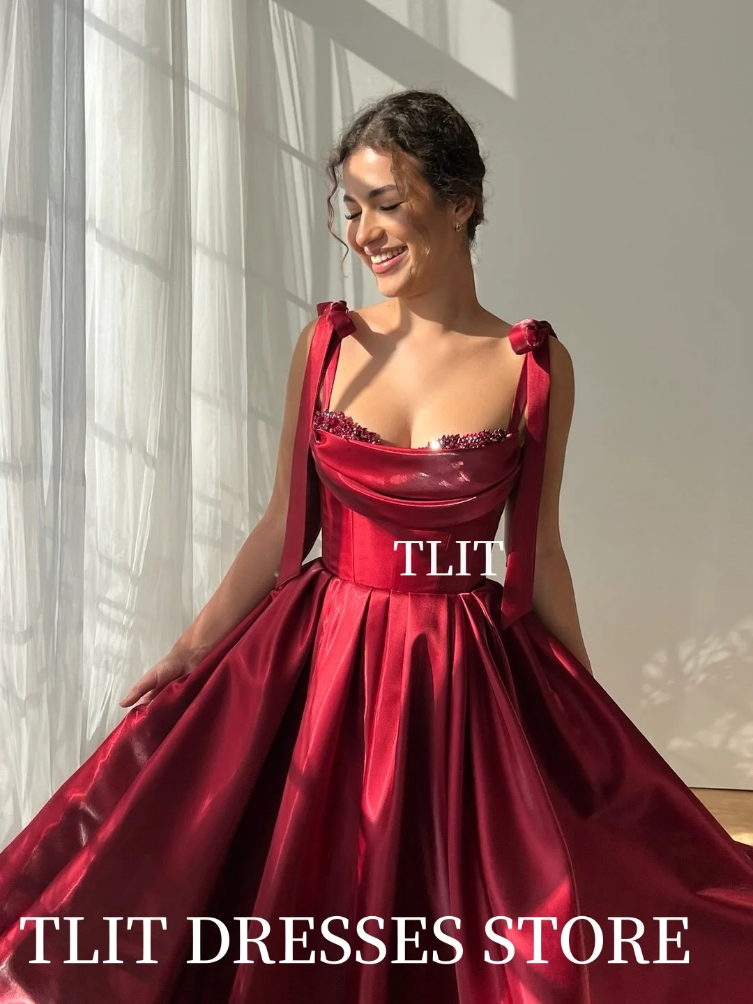 TLIT Sexy Red Short Silk Satin A-Line Evening Gown Dresses Strapless Spaghetti Strap Bow Tie Prom Gowns Customized Formal Party
