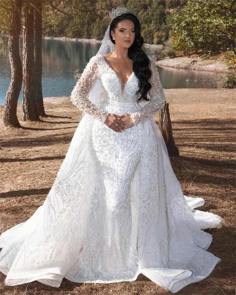 

Элегантное женское свадебное платье русалки с кружевом и бисером, сексуальное свадебное платье с v-образным вырезом и длинными рукавами, со съемным шлейфом, бальное свадебное платье по индивидуальному заказу