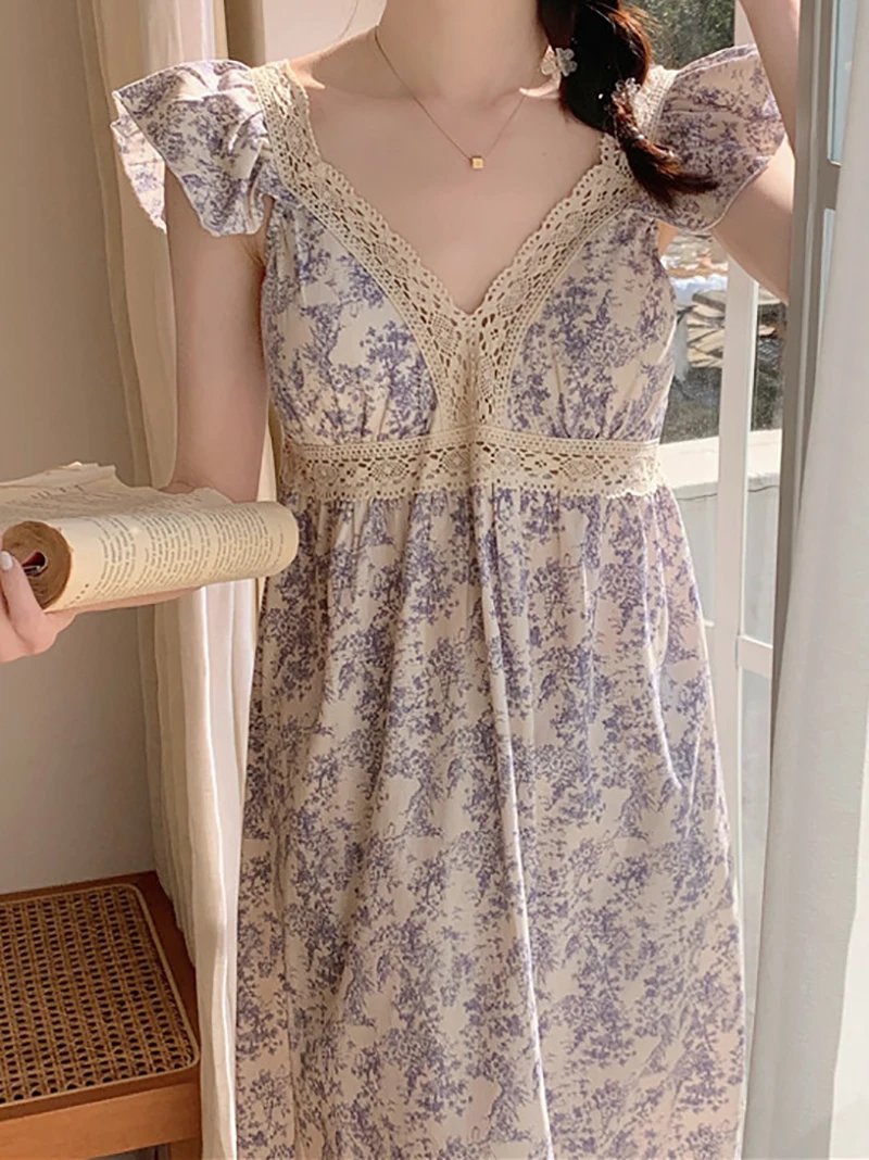 Korean Kawaii Lounge Nightdress Women Summer Sweet Cotton Lace Print Sleeveless Ruffles Nightgowns Victorian Princess Sleepwear