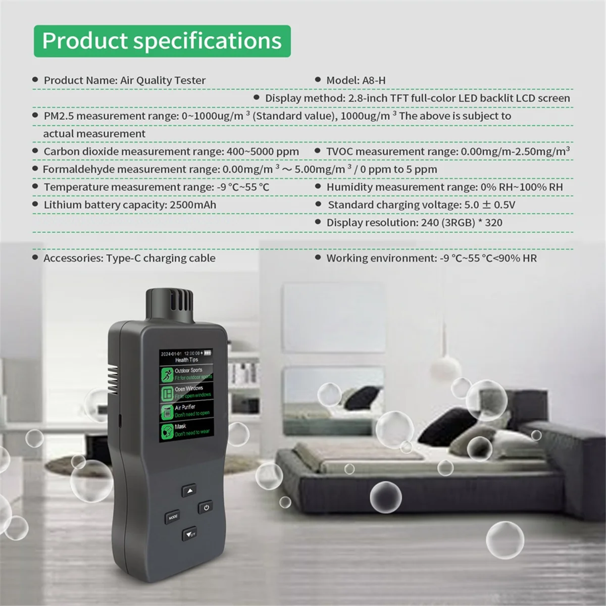 AAA87 Монитор качества воздуха Внутренний тестер качества CO2/TVOC/PM2.5/температура/влажность Детектор качества воздуха Высокоточный сенсорный тестер