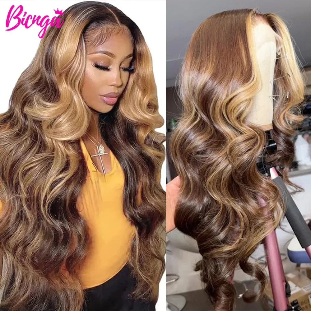 P4/27 Highlight Perücke Echthaar 13x4 Körperwelle Lace Front Perücken für Frauen Farbige Echthaarperücken Ombre Honigblonde Echthaarperücke