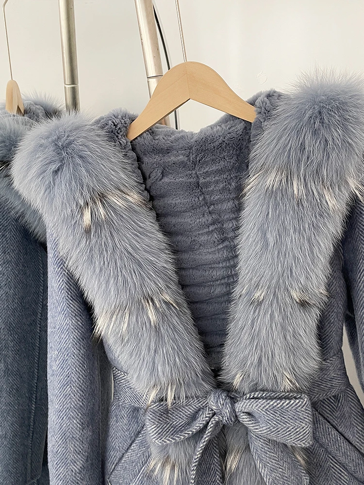 2025年秋冬新作 レディース 暖かいロング丈フード付きファー ウールジャケット 厚手ラビットファー裏地 ウールコート 女性用