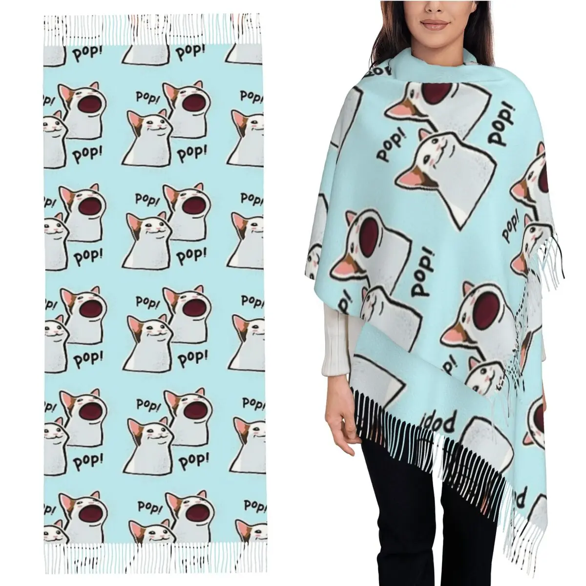 

Pop Cat Meme PopCat Popping Cat Scarf Tassel Scarves for Women Soft Warm Shawls and Wraps Large Fall Winter Shawl Wrap