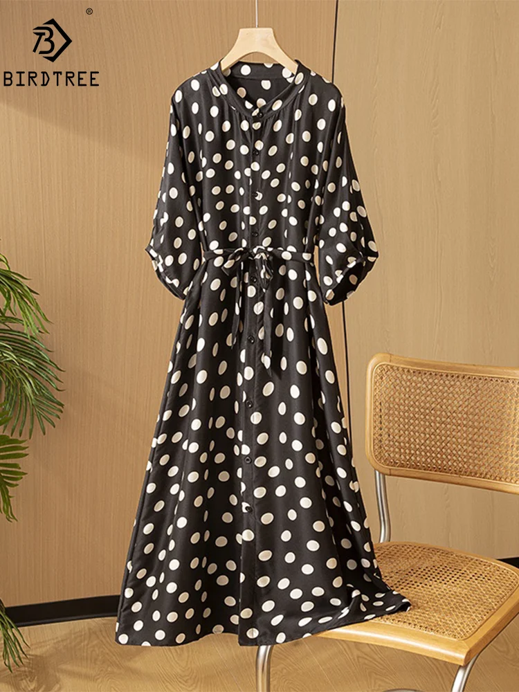 

BirdTree, 93%Natural Silk Elegant Dress, Women Half Sleeve Stand Polka Dots, Retro Commute Dresses, 2024 Summer Autumn D47302QM