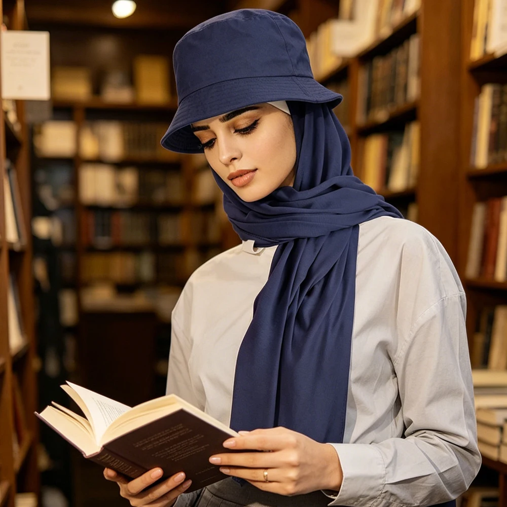 

2-In-1 Muslim Hijab with Bucket Hat Summer Outdoor Sun Protection Hijab Scarf Instant Headscarf for Women Shawls Wrap Headwear