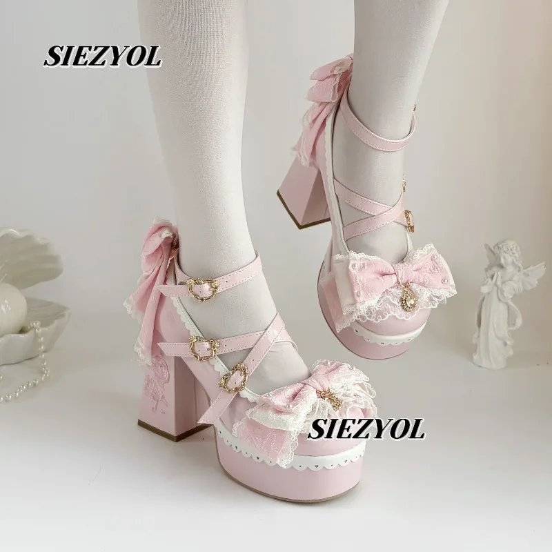 Autumn New High Heels Original Lolita Sweet Girls Elegant Heavy Industry Exquisite Bow Embroidery Versatile PU Platform Shoes