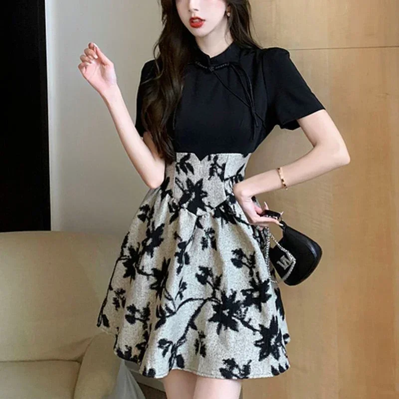 

Summer Elegant Fashion Stand Collar Printing Patchwork A-line Dress Ladies Short Sleeve Fake Two Pieces Waist Mini Robe Vestidos
