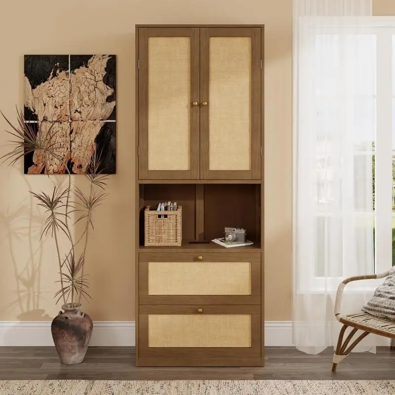 رف كتب من خشب الجوز ببابين مع منفذ USB وخزانة تخزين ذات 3 أدراج، أرفف متعددة الوظائف للمنزل أو المكتب