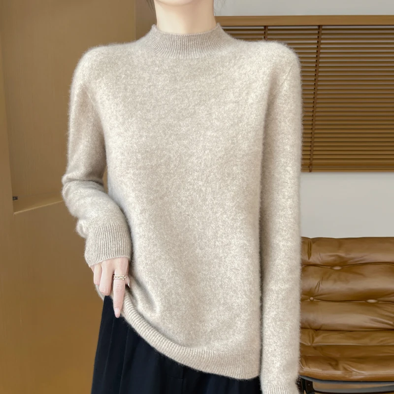 New Spring Autumn 100%Merino Wool Sweater Women Half high collar Long Sleeve Pullover Solid Color Knitwear Clothing Tops Fashion